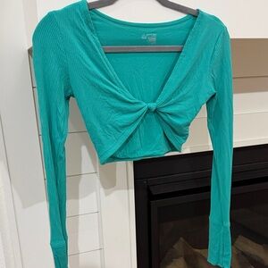 Aerie - Ribbed Twist-Front Long Sleeve Crop Top - Teal